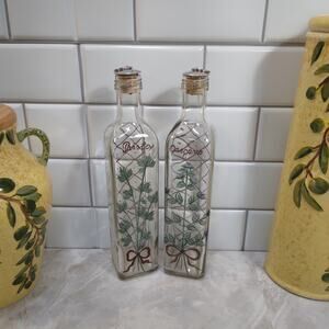 Pair 2 Hand Painted Oil and Vineger Cruet Bottles, Parsely & Oregano Cottagecore